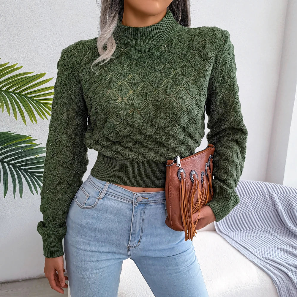 2025 Autumn/Winter Women’s Casual Hollow Out Long Sleeve Knitted Crop Top – Stylish Pullover & Sweater