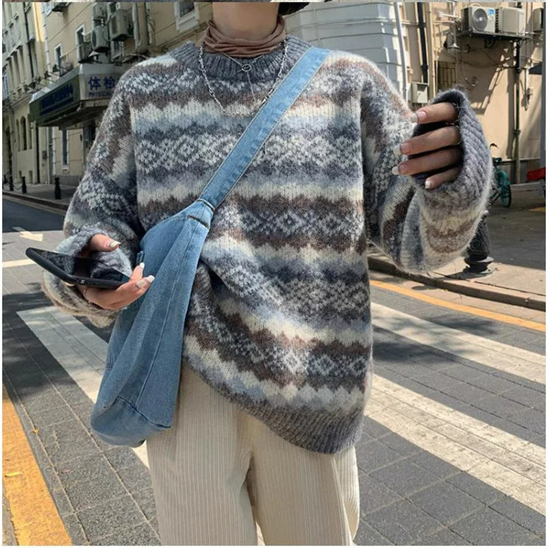 Autumn/Winter New Women's Korean Edition Loose & Lazy Style Plush Retro Jacquard Round Neck Pullover Sweater