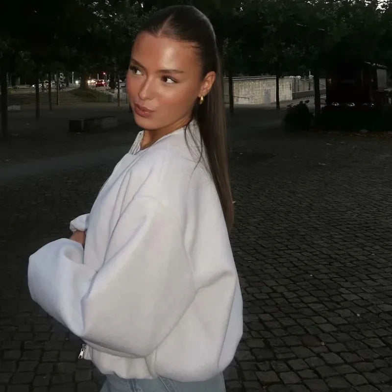 New Zero O-Neck Cropped Bomber Jacket for Women