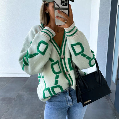 Autumn Fashion Womens Jacquard Weave Knitted Cardigan