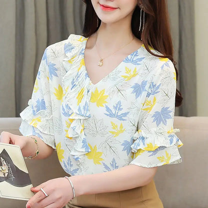 Short Flare Sleeve Plain O Neck Chiffon Women Blouse Top