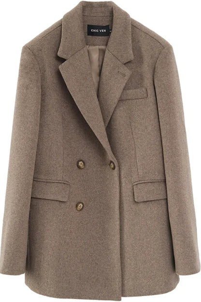 Brown blazer with gold buttons on a white background