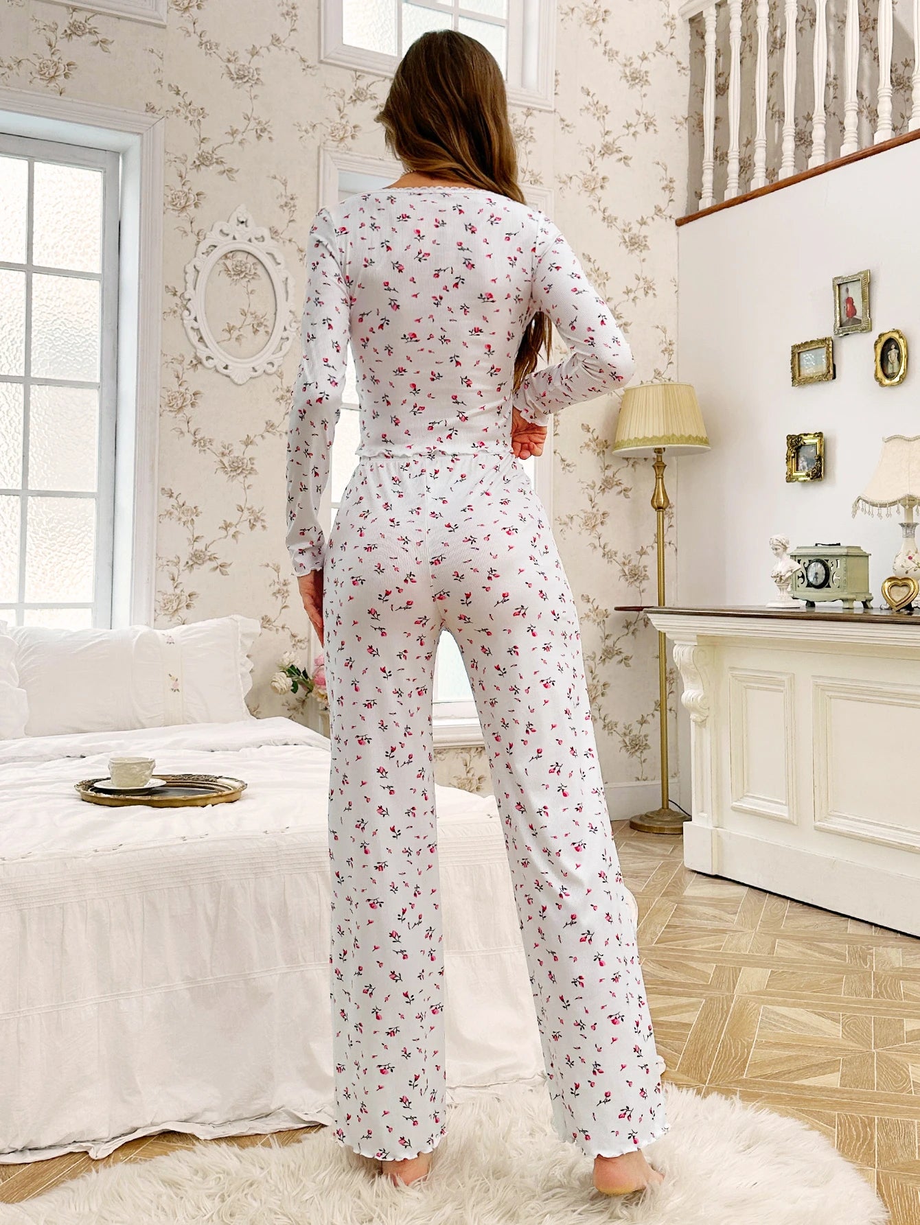 Women's Floral Pajama Set – Cute Ditsy Print Sleepwear with Lettuce Trim & Elastic Waist