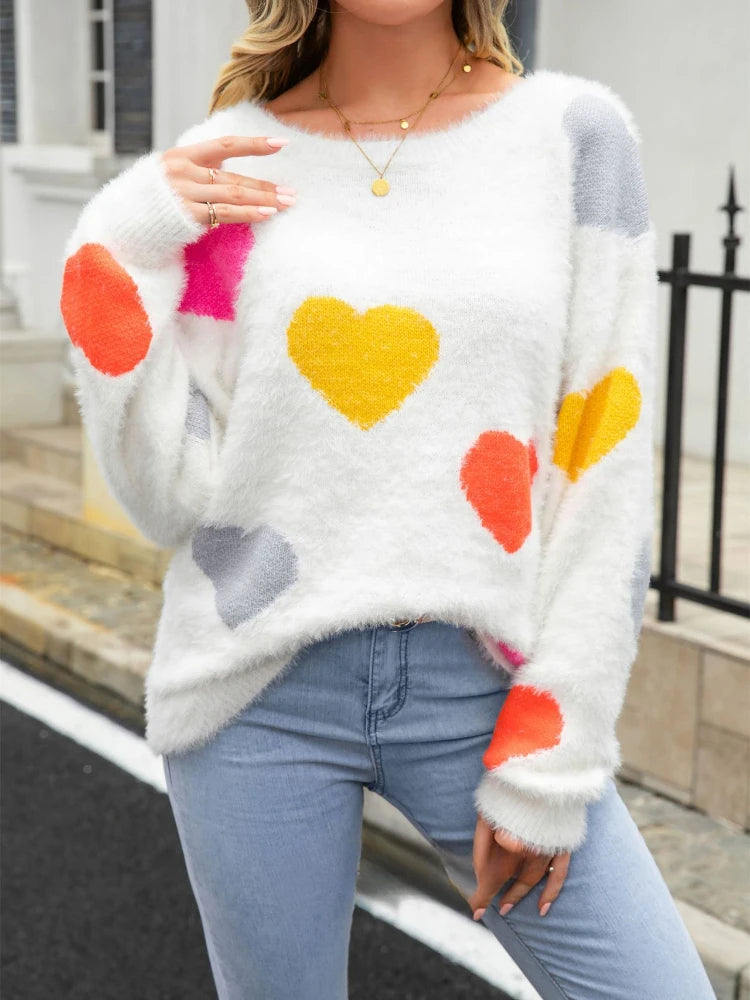 Oversized Wool Sweater for Women – Cozy Pullover with Heart Print