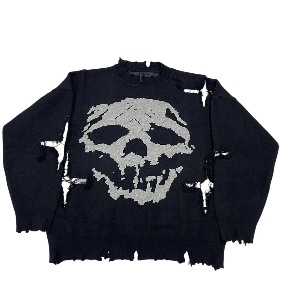 Alt Goth Halloween Style: Ripped Skull Sweater for October Nights