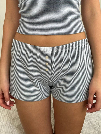 Sexy Women's 2-Piece Pajama Set – Striped Print Crop Camis Top & Elastic Waist Shorts for Soft Sleepwear