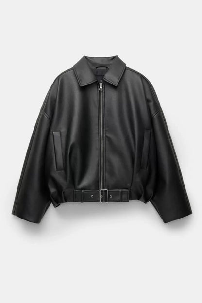 Black leather jacket on a white background