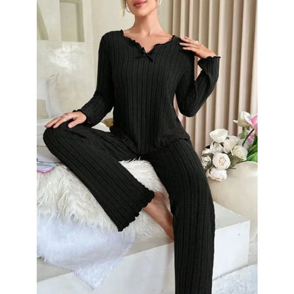 Women's Ribbed Pajama Set – Long Sleeve Top & Pants, Cozy Autumn Winter Loungewear & Sleepwear