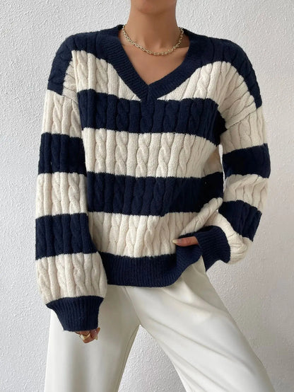 Autumn/Winter V-Neck Pullover Striped Sweater for Women – Loose & Comfortable Color Blocking Casual Trendy Knitted Tops