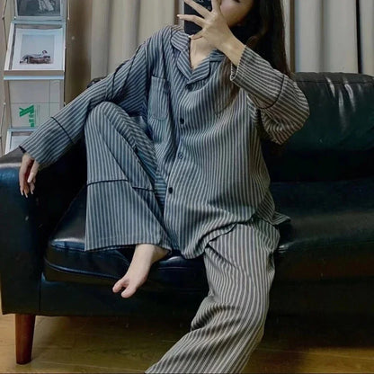 Women's Striped Pajama Set – Korean Spring Long Sleeve Sleepwear, Simple & Loose Homewear Suit 2025