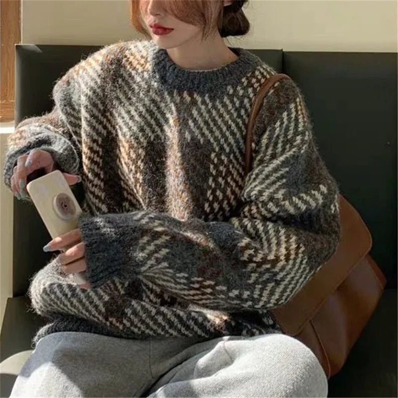 Korean-Style Rainbow Patchwork Sweater – Loose O-Neck Pullover 2026