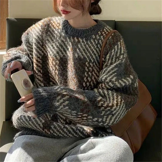 Korean-Style Rainbow Patchwork Sweater – Loose O-Neck Pullover 2026