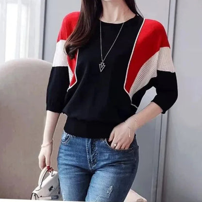 Elegant Contrast Color Patchwork Sweater – Office Lady Style, O-Neck 3/4 Sleeve Knitted Pullover for Women