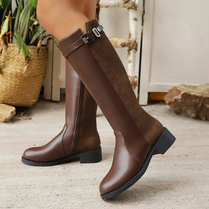 Women’s Tall Knight Boots – PU Leather Retro Belt Buckle Motorcycle Boots for Autumn/Winter
