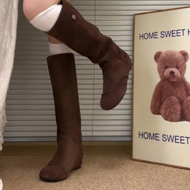 Women’s Faux Suede Long Boots – Flat Sole Slip-On Chelsea Style Winter Streetwear