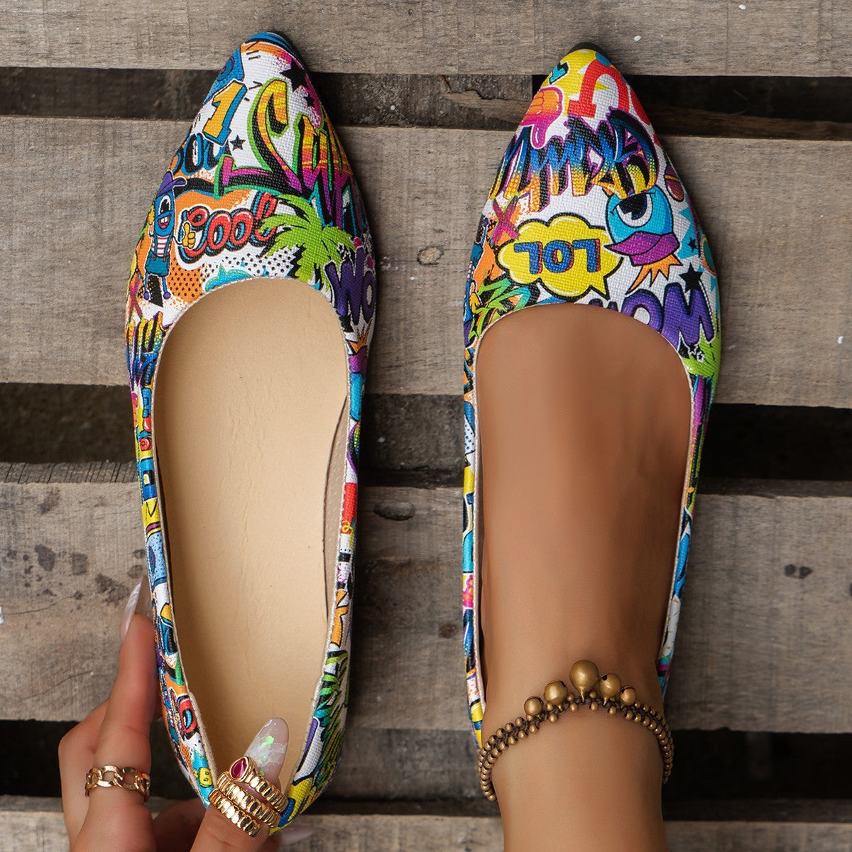 Large Size Flat Bottom Pumps | Floral PU Slip-On Shoes for Women