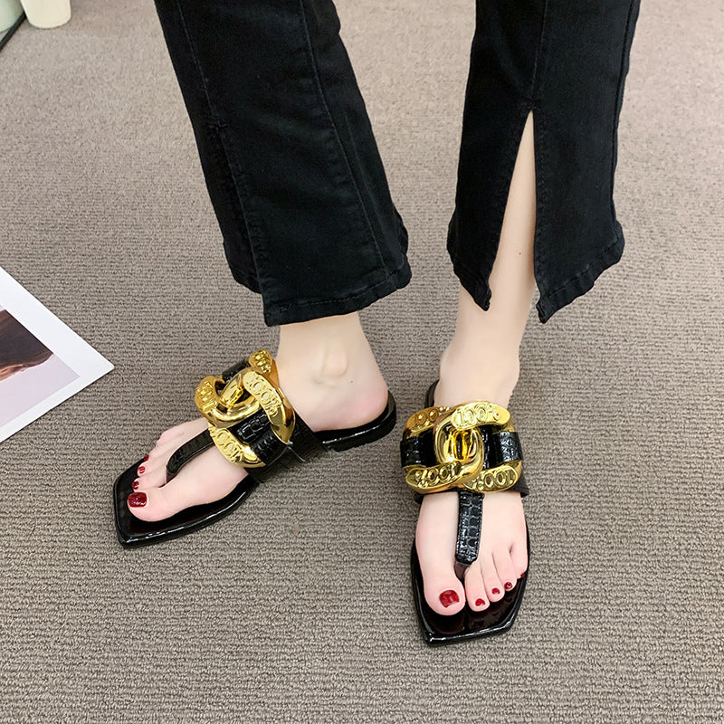 Metal Decoration Pointed Low Heel Women Slingback Slippers