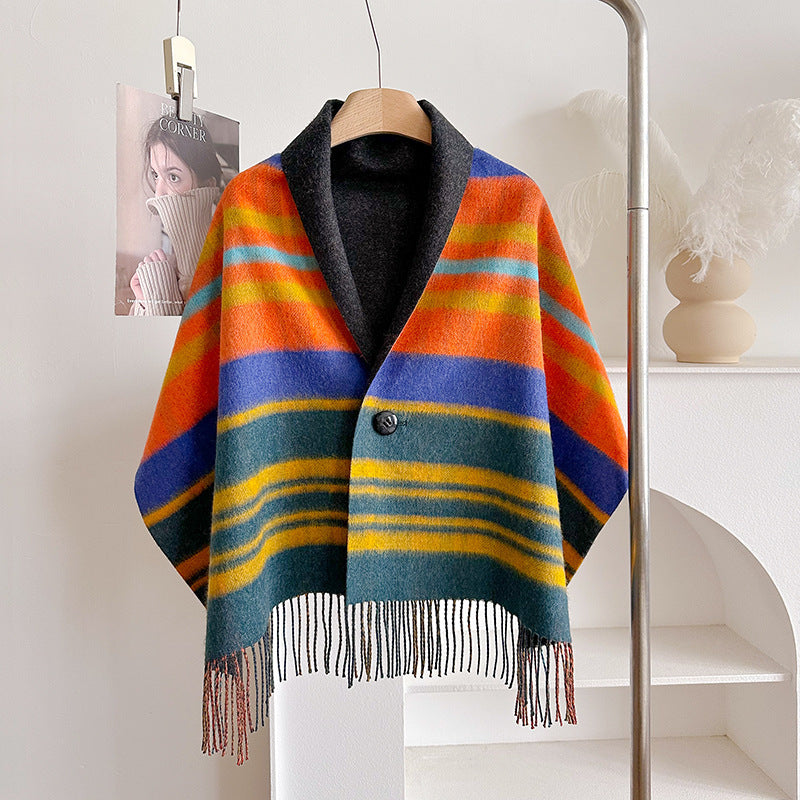 Double-Sided Wool Cloak – Tassel Shawl with Color Grid for Winter