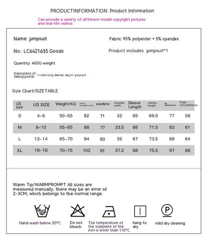 Sequined Triangle Long-Sleeve Jumpsuit for Women – Glam Party & Night-Out Outfit