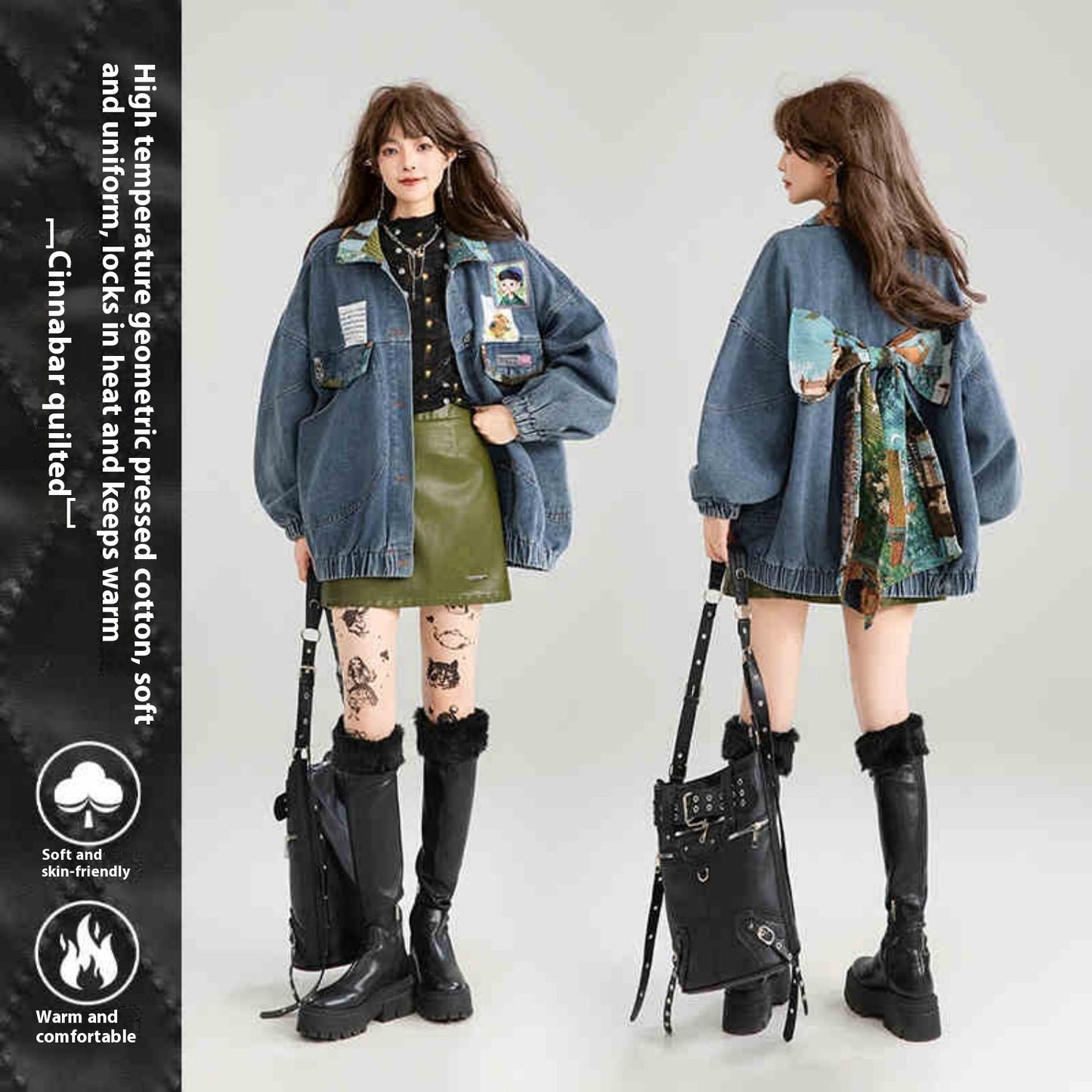 Artistic Denim Jacket for Women – Casual Streetwear Coats & Jackets in Blue Green Denim 2025