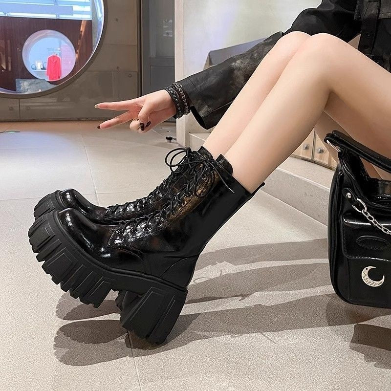 Womens Black Leather Mid Calf Boots