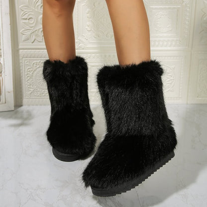 Mid-Tube Furry Cotton Snow Boots for Women | Warm PU Winter Boots Outfit