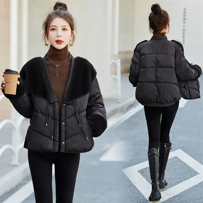 Women Cotton Padded Down Fur Hooded Edge Warm Parka