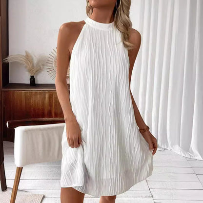White Halter Backless Dress | Mid-Length Summer Dress & Elegant Vacation Outfit