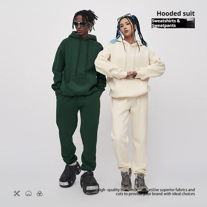 Trendy Unisex Fleece Tracksuit Solid Color Hoodie Sweatpants Set Autumn Winter Sports Jogging Outfit