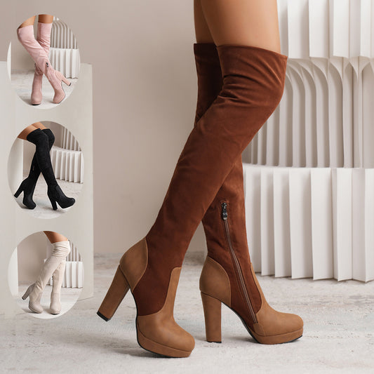 Elastic Suede Over-the-Knee Boots for Women | Square Heel High Shaft Winter Fashion Boots