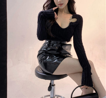 Black Fashion Knitwear V-Neck Sweaters for Women – Cozy Pullover, Stylish Winter & Fall Outfit