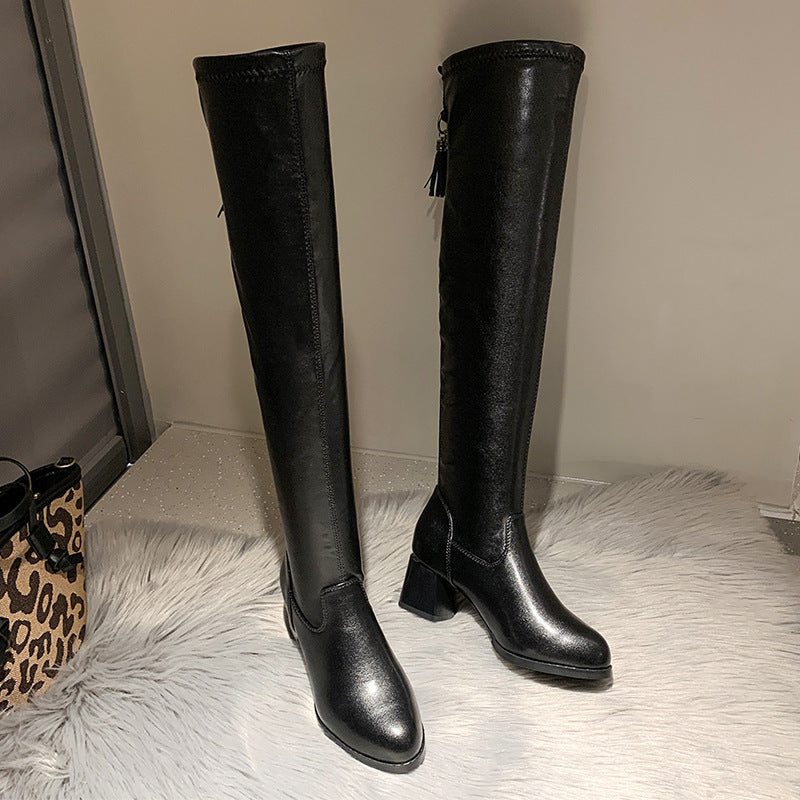 Plus-Size Velvet Over-the-Knee Boots for Women | Chunky Heel Pointed Toe Winter Boots