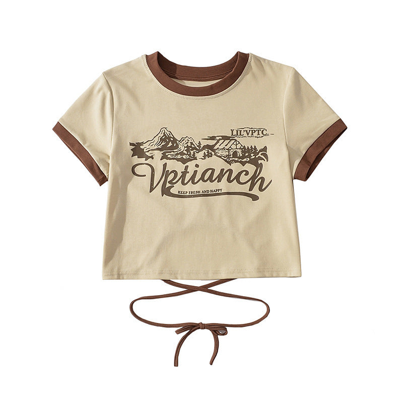 Women’s Print Front Contrast Trim Crop Tee – Y2K Streetwear Lace-Up Back Top