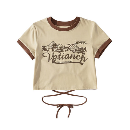 Women’s Print Front Contrast Trim Crop Tee – Y2K Streetwear Lace-Up Back Top