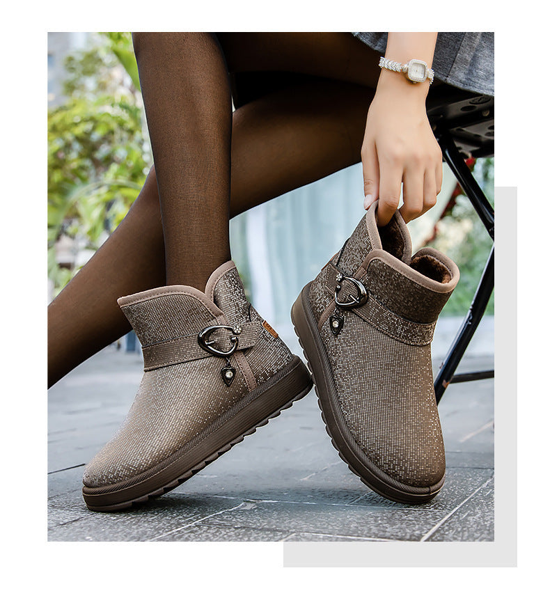 Slip-On Fleece-Lined Snow Boots for Women | Mid-Top Ankle Winter Boots with Sequin Detail