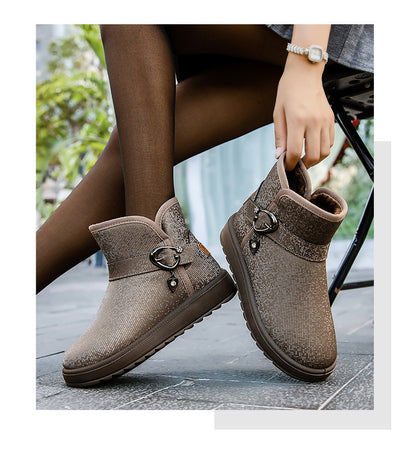 Slip-On Fleece-Lined Snow Boots for Women | Mid-Top Ankle Winter Boots with Sequin Detail
