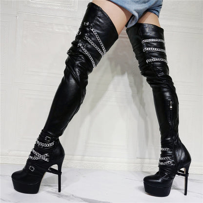 Thin Heel Leather Knee Thigh High Exclusive Boot For Women
