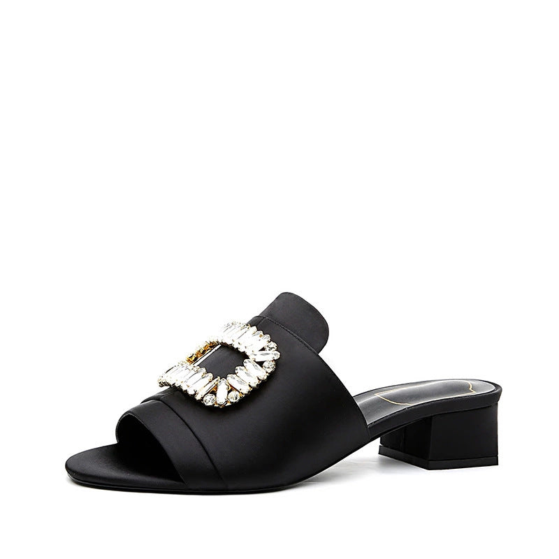Square Rhinestones Decor Low Heel Women Summer Slippers
