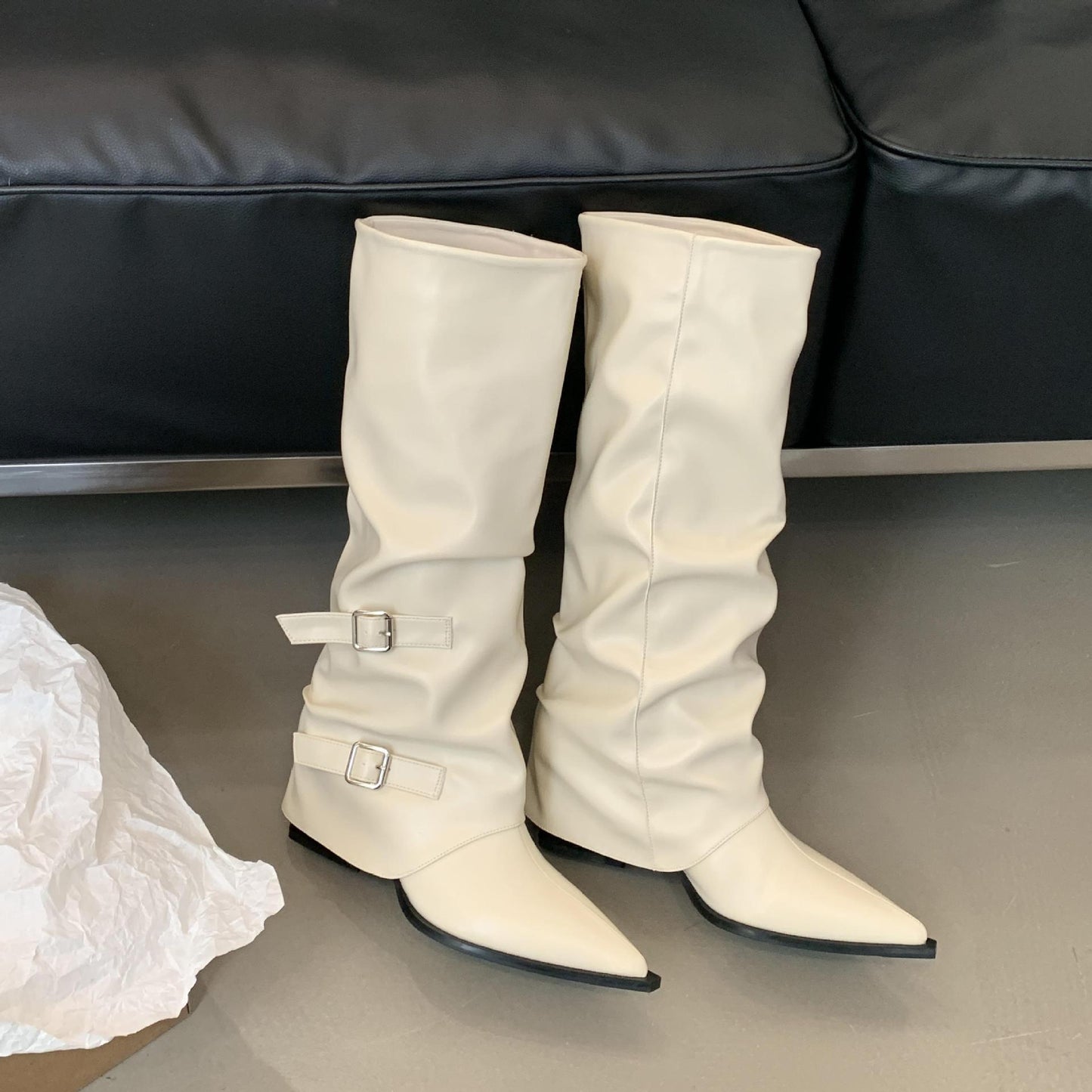 Buckle Design Square Mid Heel Women Knee High Boots