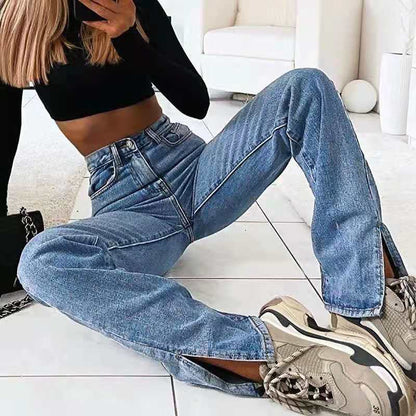 Retro Washed High-Waisted Split Denim Jeans – Straight-Leg Casual & Chic Pants