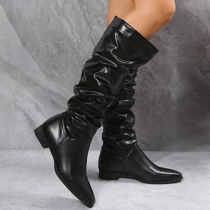 Pointed Toe Folding Tube Long Boots for Women | Chic Low Heel Winter & Fall Boots