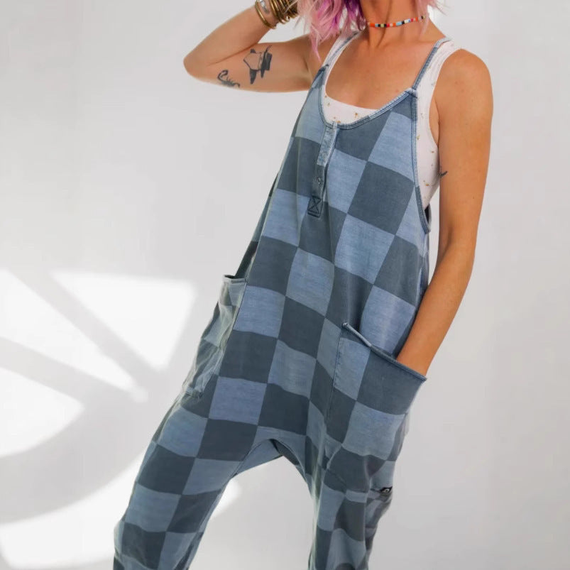 Women Fashion Plaid Jumpsuit Romper