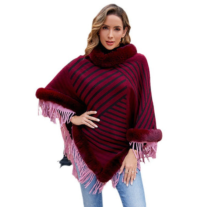 Drizzling Fur Collar Knitted Cape – Cozy Elegance in Every Stripe