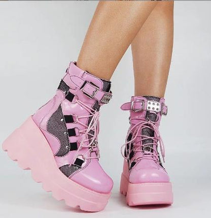 European & American Pink Mid-Calf Boots | Wedge Heel Waterproof Autumn-Winter Footwear