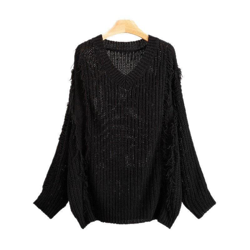 Loose V-neck Tassel Female Idle Style Long Sleeve Pullover Top