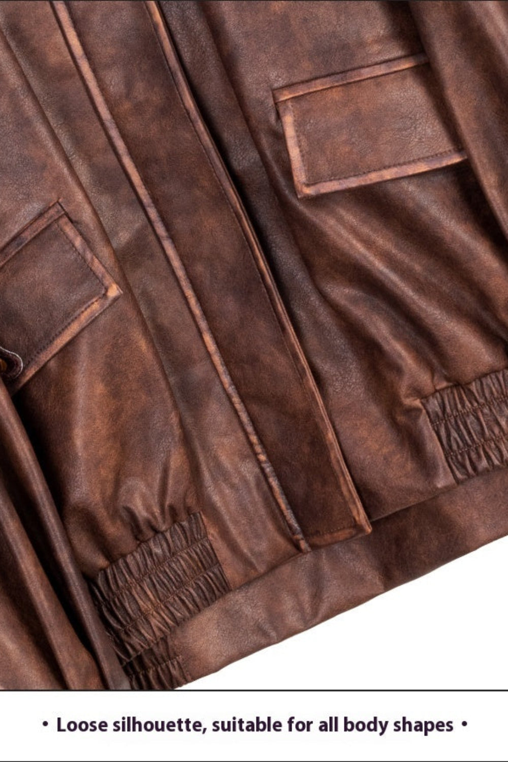 Brown leather jacket with visible stitching and texture on a white background
