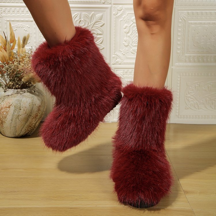 Mid-Tube Furry Cotton Snow Boots for Women | Warm PU Winter Boots Outfit