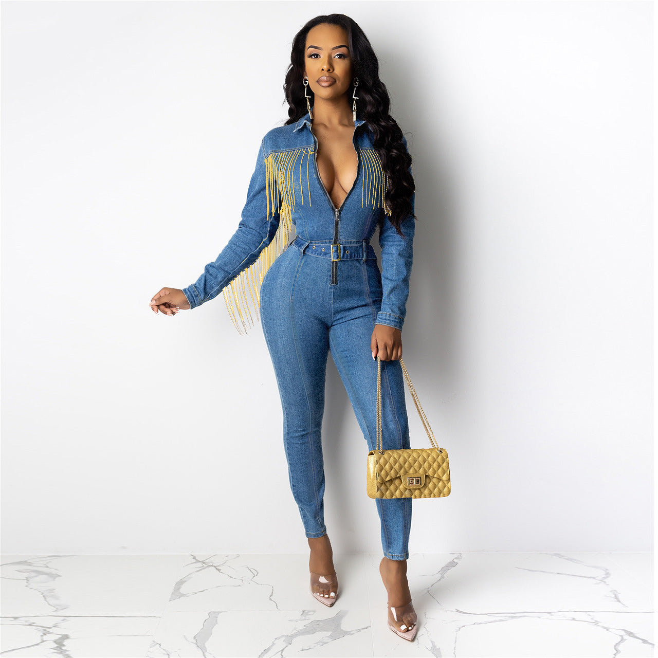 Double Pocket Half Open Denim Jumpsuit Chest Splicing Slim Fit