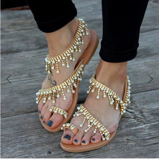 Square Faux Pearl Beads Flat Women Sandals