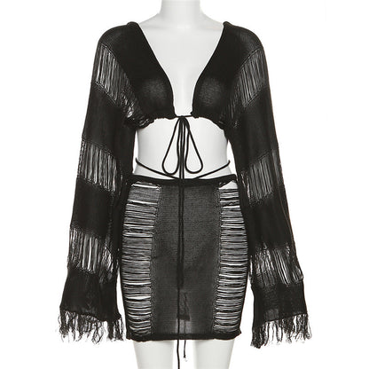 High Waist Short Skirt & Long Sleeve Top Two-Piece Outfit Set | Versatile Style 2025 Aesthetic